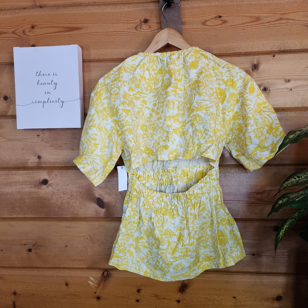 Joie NWT Renae B Yellow Floral Linen Shirt Peekaboo Cutout Back Stretch Top Sz S - Picture 9 of 13